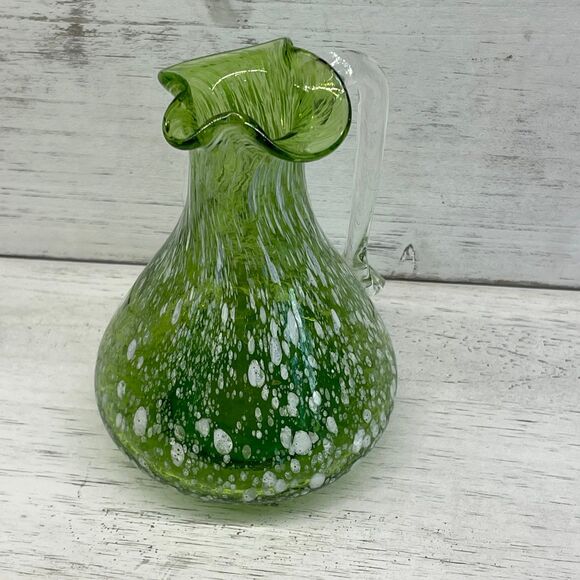 Vintage Green & White Speckled Hand Blown Mini Glass Pitcher Applied Handle - Picture 2 of 9